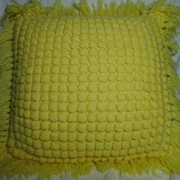 Vintage Yellow Popcorn Knit Throw Pillow, Handmade, 18 in x 18 in, plus tassels - Picture 2 of 4